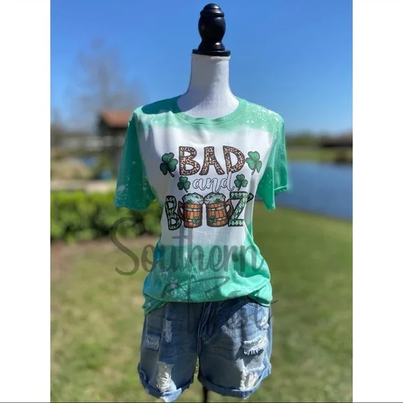 “Bad and Boozy” St. Patrick’s Day Bleached Sublimation Boyfriend Green - Picture 1 of 2